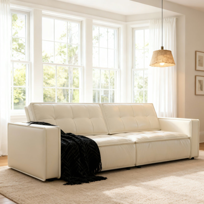 95.2 Inch Genuine Leather Sofa with High Density Foam, Modern 3 Seater Couch for Living Room