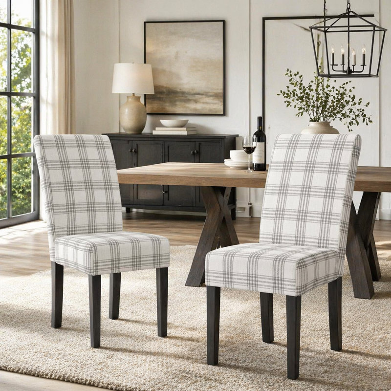 Chaise de salle à manger moderne - Design élégant à haut dossier pour tout décor, Tissu écossais gris