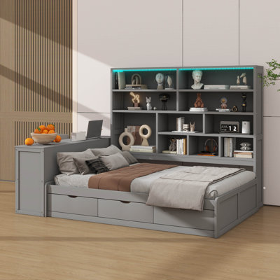 Full Size Wooden Daybed With Three Drawers ,Desk ,Shelves And Lights