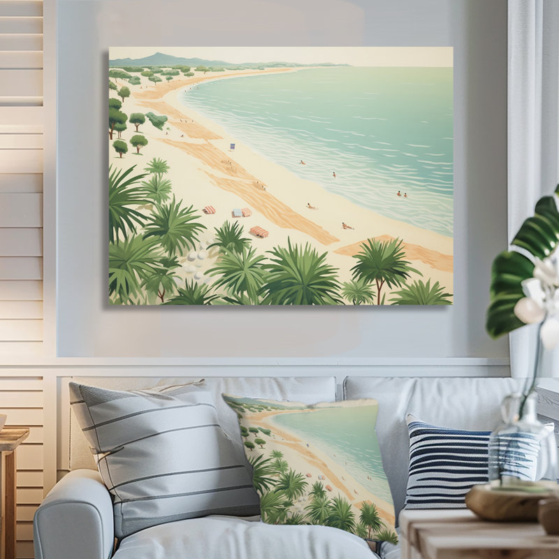 Palmiers serein océan vacances plage rétro couleurs - plage et océan art mural salon, Toile tendue