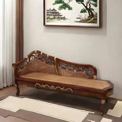 Natural solid wood carved rattan chaise lounge