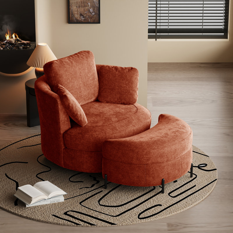 Ensemble de fauteuil d'appoint, fauteuil demi-tonneau pivotant à 360 ° et repose-pieds avec rangement, Terracotta