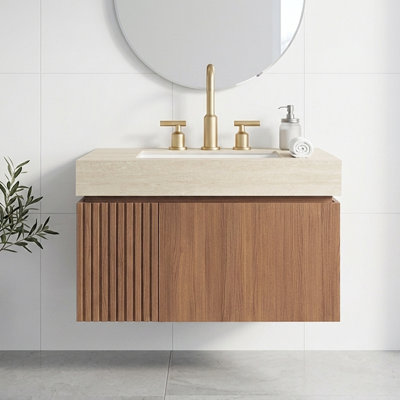Meuble-lavabo mural de 30 po en contreplaqué, grain de bois de chêne brun Heidelberg, armoire de rangement imperméable, anti-déformation et anti-moisissure avec portes et tiroirs, pré-assemblé