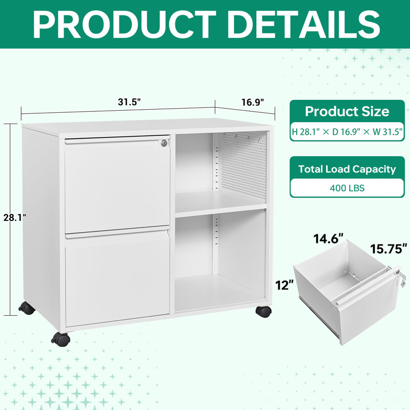 Keydy 31.5'' Wide 2 -Drawer Mobile Steel File Cabinet, White