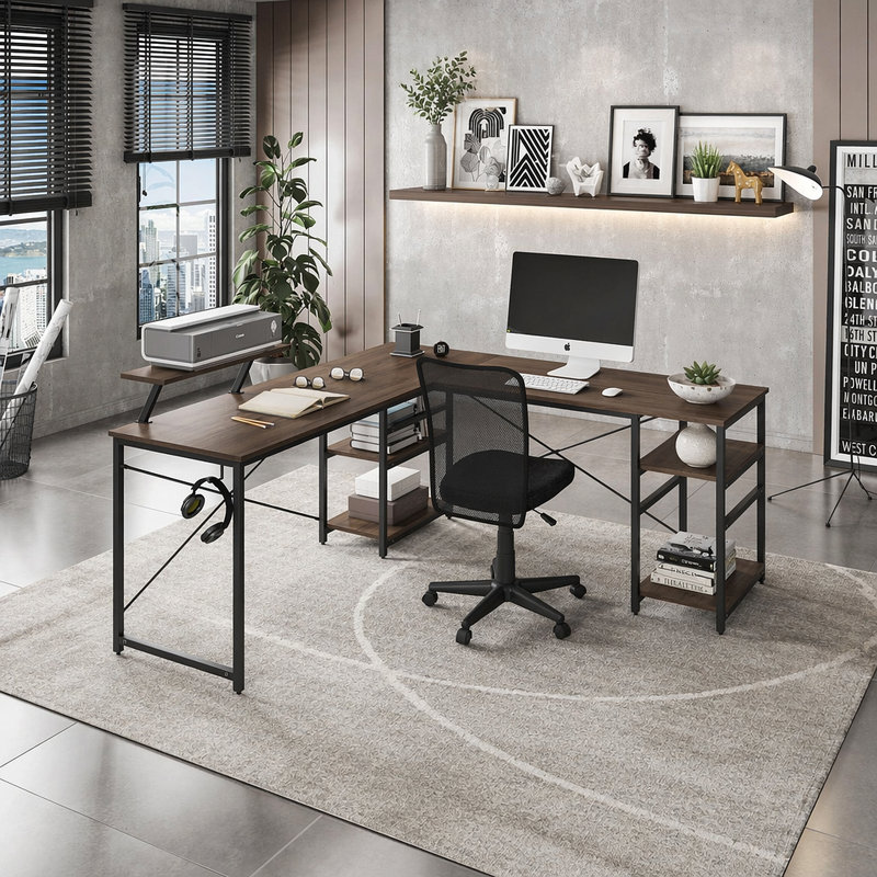 Bureau industriel en L avec tablettes de rangement, noyer Techni Mobile