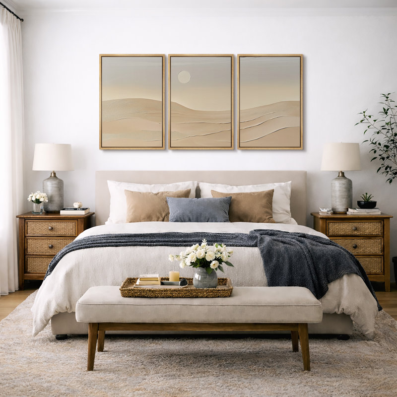 Œuvre de paysage neutre du désert beige, images de dunes minimalistes, impression sur toile encadrée, 3 pièces, Cadre naturel