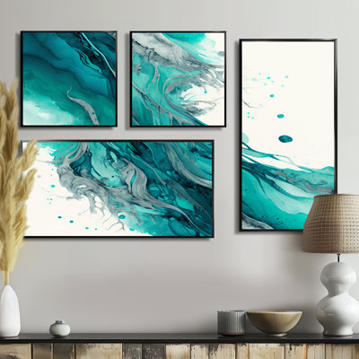 Turquoise Waves In Paradise VII - Art mural abstrait à l'encre liquide 4 pièces