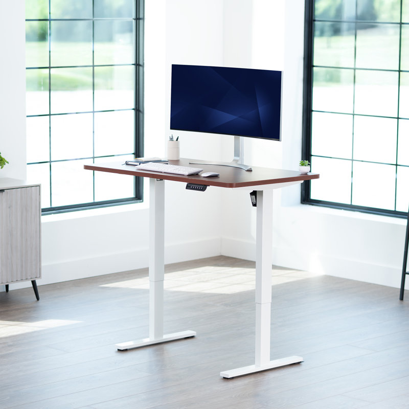 VIVO Single Motor Electric Desk with Push Button Memory Controller, 48.5" H x 48" W x 30" D, Dark Walnut/White