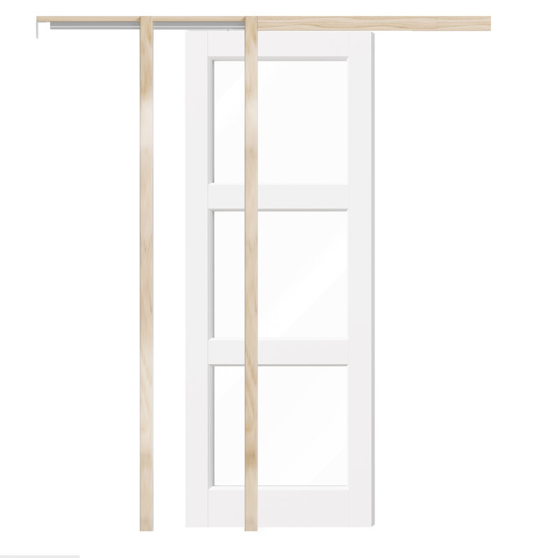 Porte intérieure coulissante à 3 compartiments avec porte vitrée transparente H 3 po, Blanc, 32 po x 80 po