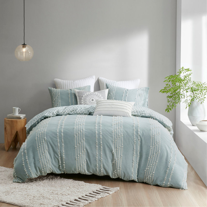 Ensemble de housse de couette en jacquard de coton double / grand 3 pièces, Rayures bleues