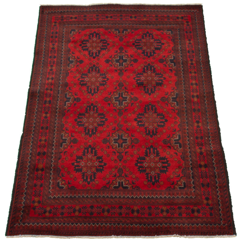 Tapis rouge en laine noué à la main de conception unique 4 pi 1 po x 6 pi 5 po Esari Turkoman des années 2010