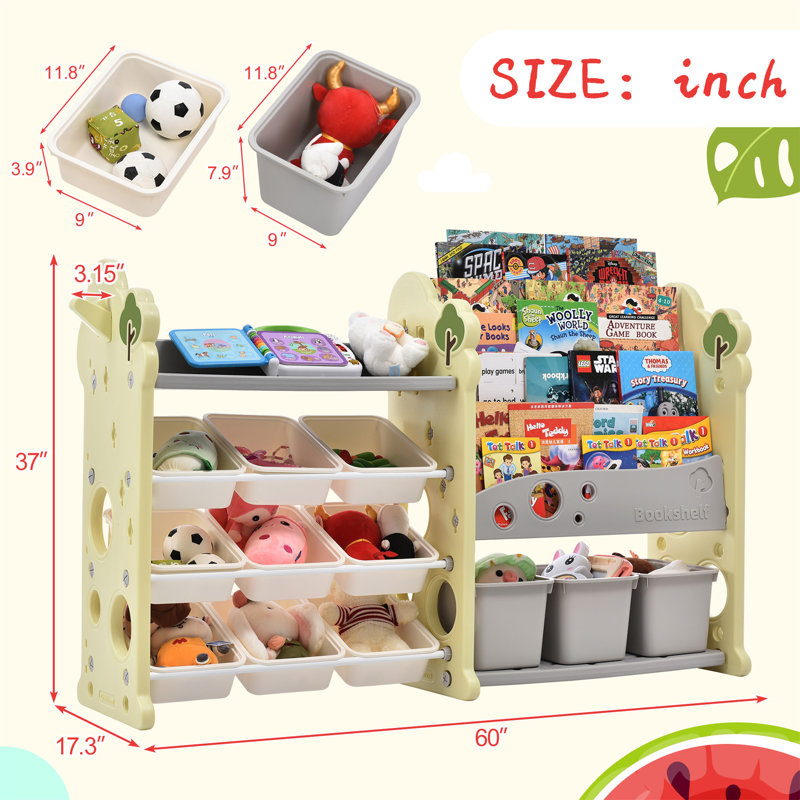 Kids Bookshelf Toy Storage Organizer With 17 Bins And 5 Bookshelves,Multi-functional Nursery Organizer Kids Furniture Set Toy Storage Cabinet Unit with HDPE Shelf and Bins