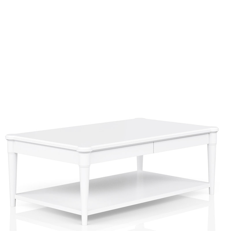 Table basse blanche avec deux espaces de rangement et mobile, en bois massif, style transitionnel, 2 tiroirs, style décontracté