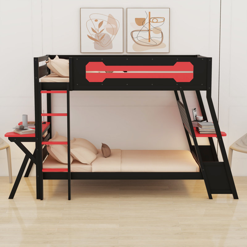 Lit superposé double pour bureau avec ports USB et rangement perforé, Lit simple, Noir / Rouge