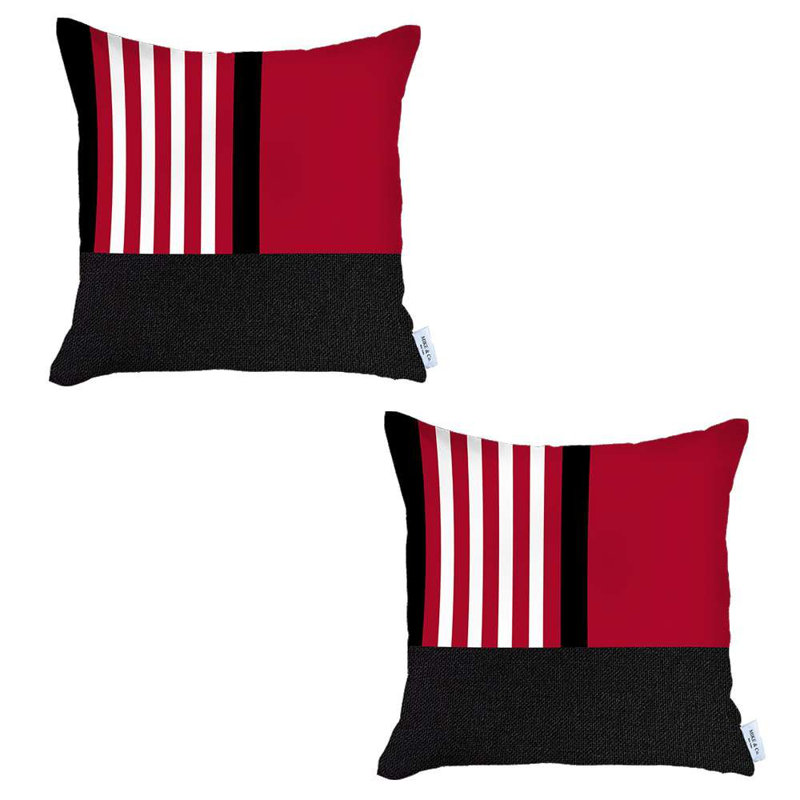Ensemble de 2 housses de coussins centraux, Rouge / noir géométrique