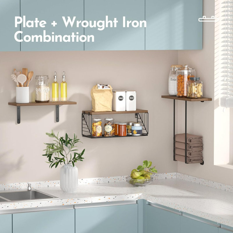 Floating Shelves with Wire Storage Basket, Brown