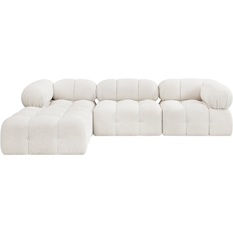 Canapé Ames, Tissu crème bouclé, 1 sans accoudoirs, 2 en coin, 1 repose-pieds