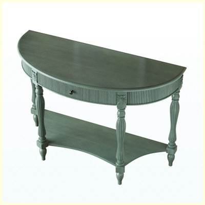 Solid Wood Half Moon Console Table, Rustic Green Fluted Vintage Curved Entryway Table with Drawer & Shelf, Roman Column Carved Legs for Hallway, Living Room, Foyer