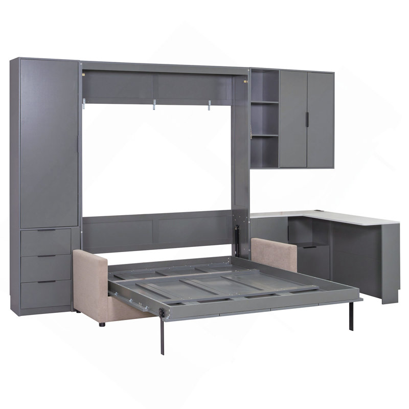 Grand lit escamotable mural avec rangement hydraulique, canapé, tablettes et tiroirs, éclairage DEL / USB, Gris