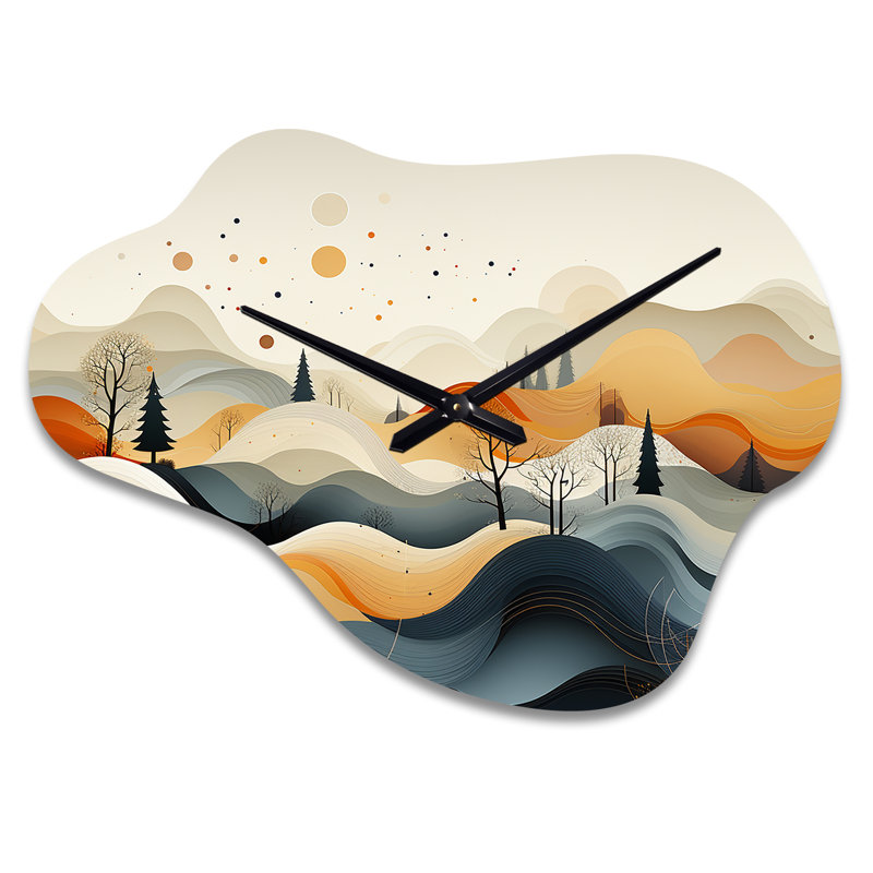 Teal Orange Line Art Landscape - Landscape Line Art Asymmetrical Metal Clocks, Teal Cloud Metal Wall Clock Print, Large