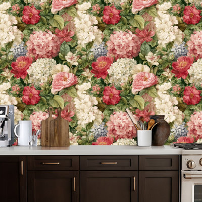 Papier peint auto-adhésif à peler et à coller, motif floral de jardin, peint à la main, auto-adhésif et amovible 17,7 po x 118 po (45 x 300 cm)