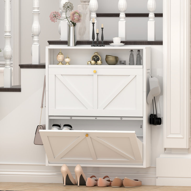 Armoire à chaussures en métal avec 2 tiroirs rabattables, range-chaussures mural, étagère à chaussures étroite et étroite pour le vestibule, blanc