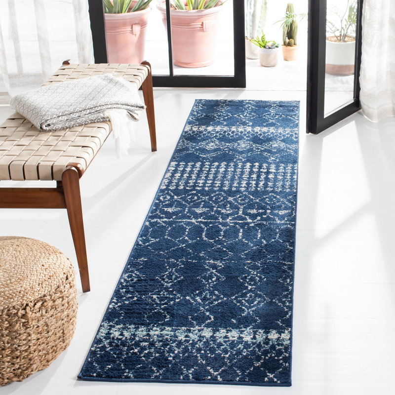 Tapis bleu marine à motif géométrique Cobos, Tapis de couloir 2 pi x 13 pi