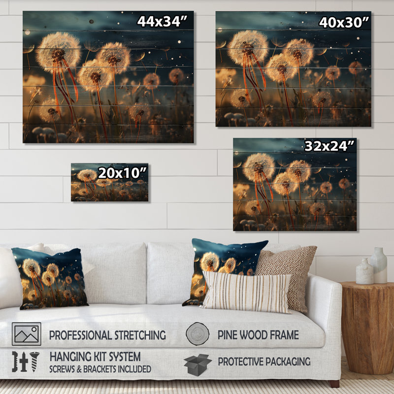 Coucher de soleil sur fond de pissenlit IV sur bois, H 30 po x l 40 po x P 0,78 po