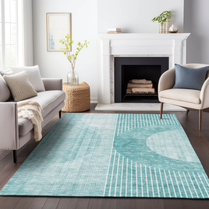 Tapis bleu sarcelle lavable à la machine Premium Prisco, Rectangle 5 pi x 7 pi 6 po