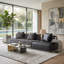 Canapé d'angle modulaire moderne 2 pièces avec dossiers amovibles, revêtement en chenille et cuir véritable, 336 cm de large, gris et noir