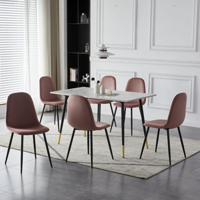 Ezzidi 7 - Piece Rectangular Marble Pattern Veneer Wooden Dining Table With 6 Upholstery Chairs