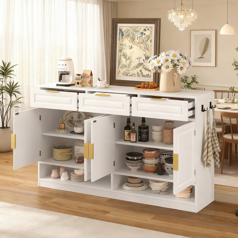 Farmhouse Sideboard With 3 Drawers, 4 Doors, Adjustable Shelf And Open Storage Compartments, White