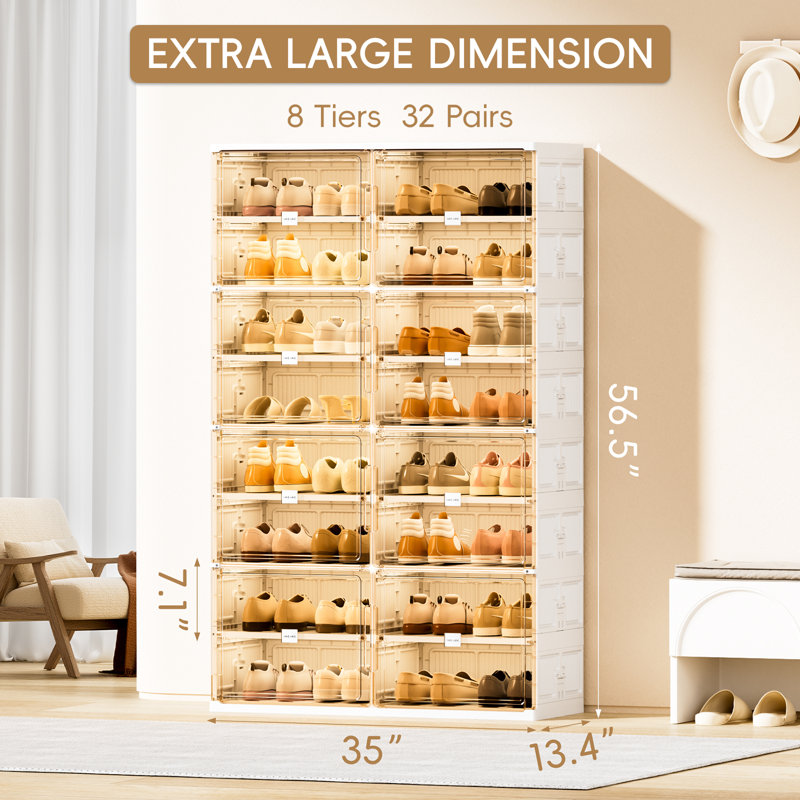  8-Tier Double Column Foldable Shoe Storage Cabinet With Magnetic Doors For Closet Entryway In White