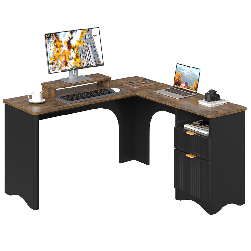 Derick 55.7'' W L-Shaped Computer Desk with File Drawer and Drawer Pedestal, Rust/Black