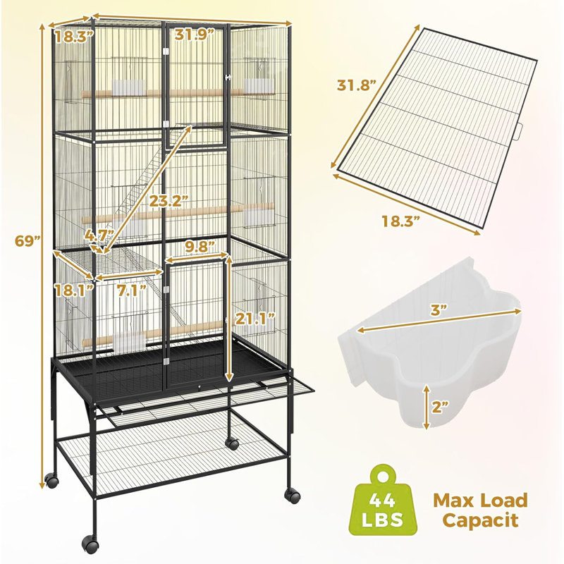 Large Bird Cage, Metal Fight Cage with Play Top, Rolling Stands, Feed Bowls, Wide Tall Parrot Cage for Parakeets, Conures, Cockatiel, Cockatoo