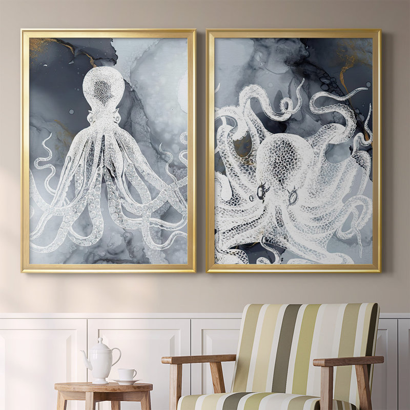 Octopus Ink I - ensemble de 2 reproductions d'art sur toile encadrées, Or, H 36,5 po x l 53 po x P 1,25 po