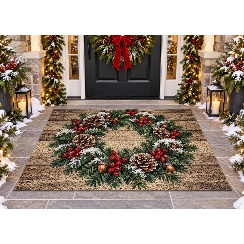 Tapis d'extérieur 152 x 213 cm, motif rustique de pommes de pin et couronne de Noël, en bois, imperméable et résistant, à boucles en PVC, idéal pour terrasse, balcon, entrée ou intérieur. Séchage rapide.