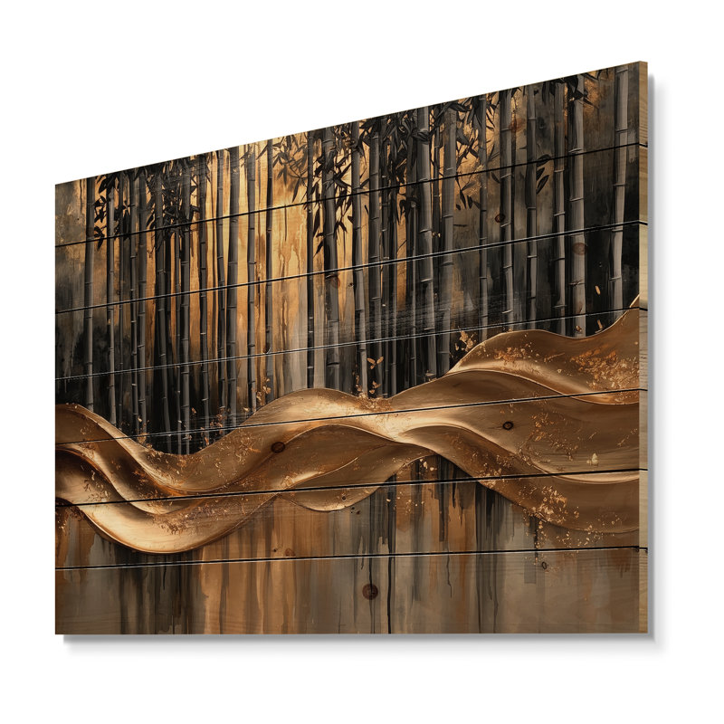 «Golden Arashi Yama Bamboo River III», art mural en bois de bambou - sur bois de pin naturel, H 34 po x l 44 po
