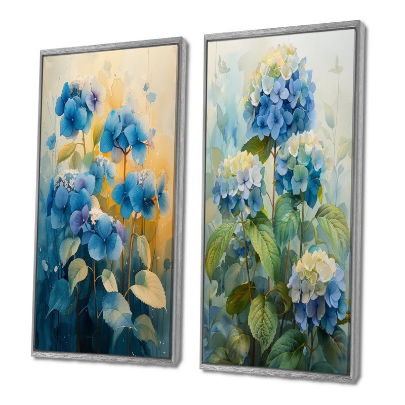Ensemble d'hortensias muraux bleu et vert, Argent argent, H 28 po x l 24 po, Impression encadrée