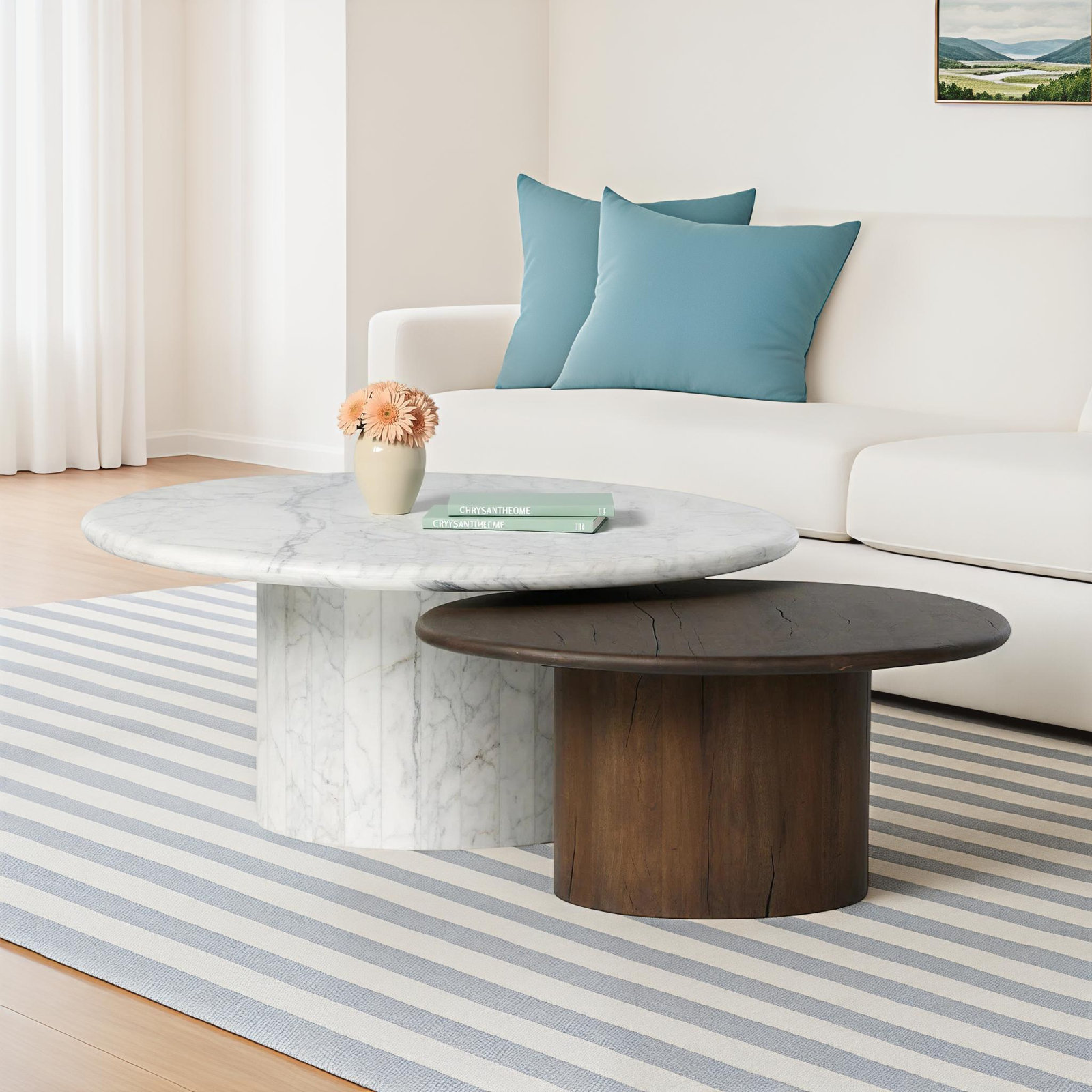 Brennan 34" Genuine Marble Coffee Table, Aged Belgium Bleach/White Calacatta Marble