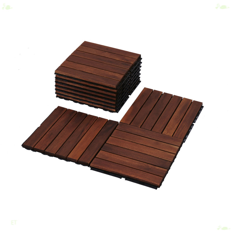 Walnut Brown Acacia Wood Interlocking Deck Tiles, 12x12 inch, Set of 10