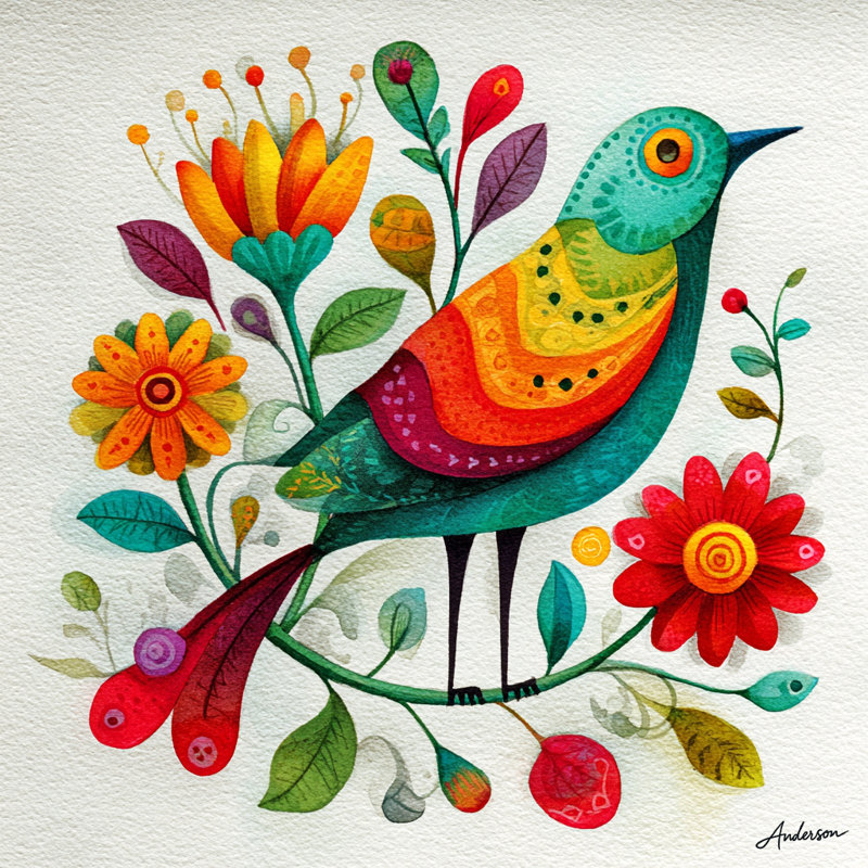 Impression moderne sur toile de couleur moderne oiseau et jardin