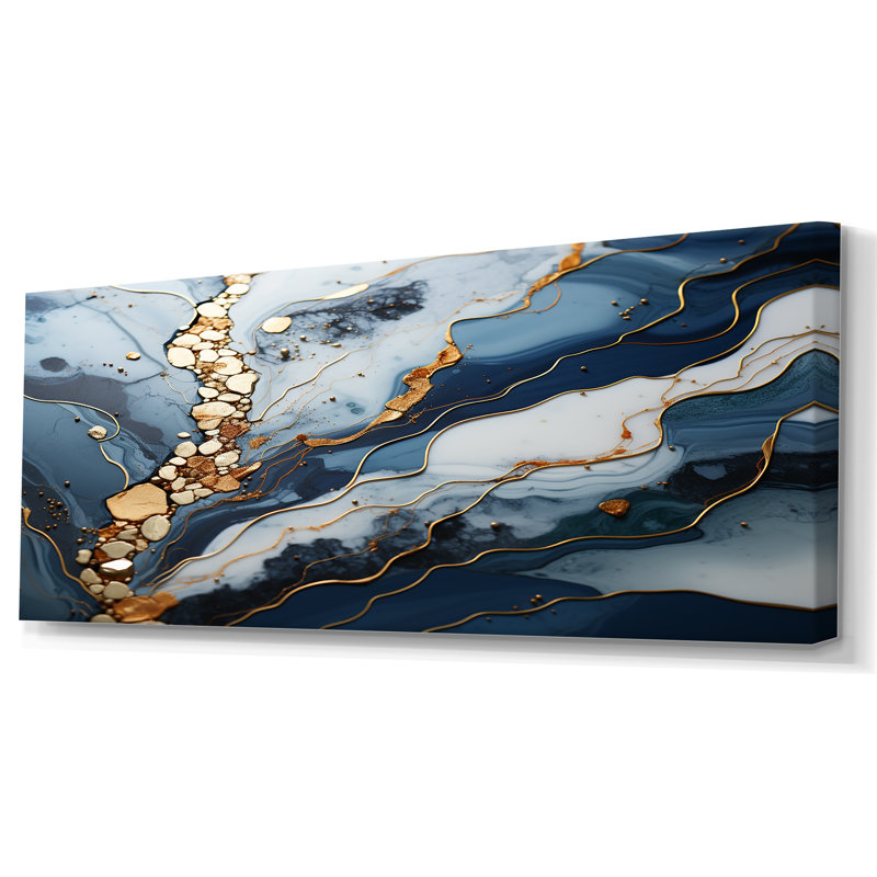 Blue and Gold Marble river II - Abstrait marbré, impressions sur toile, Toile tendue, H 28 po x l 60 po x P 1,5 po