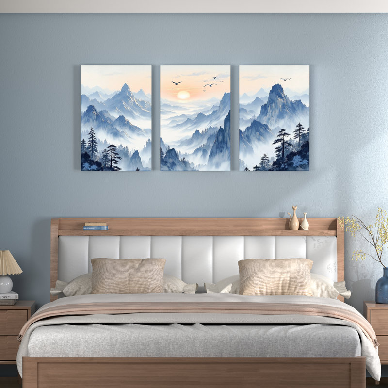 «Misty Mountain Landscape», reproduction d'art sur toile tendue sur toile (ensemble de 3), H 30 po x l 60 po
