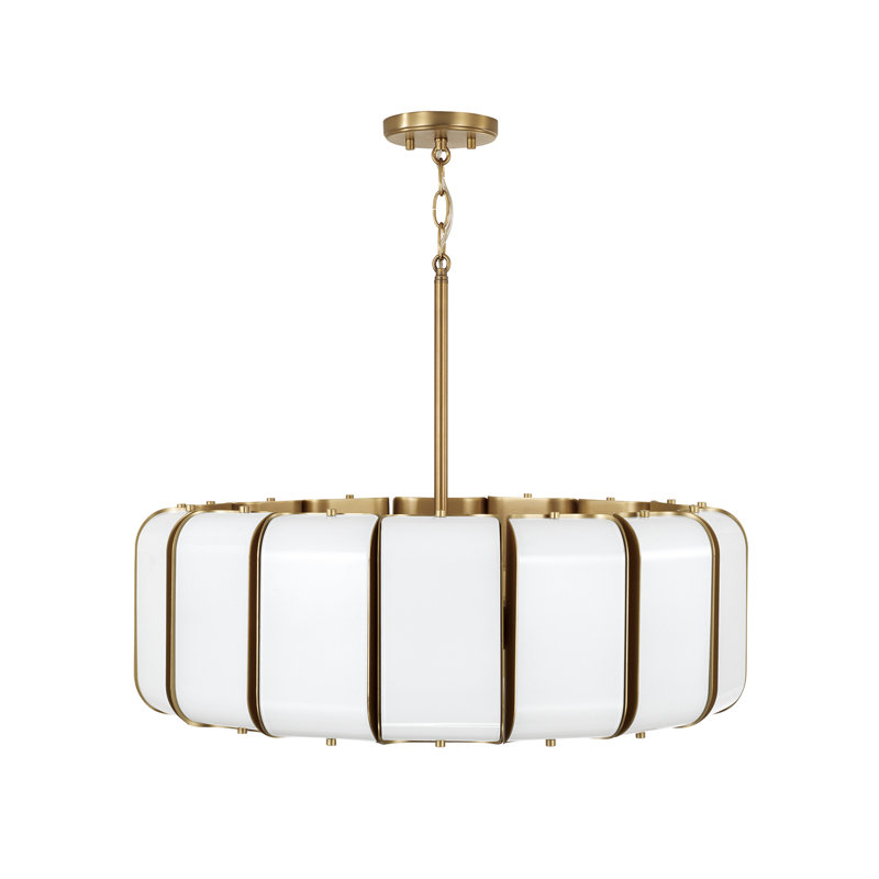 26.5" W x 8" H Integrated LED Pendant in Aged Brass with White Milk Glass Panels, 26.5"W x 8"H