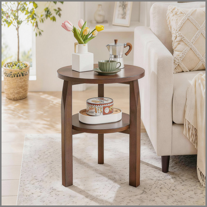 Table de bout ronde en bois d'hévéa massif, table d'appoint à 2 niveaux avec tablette de rangement, petite table d'appoint pour le salon, la chambre à coucher