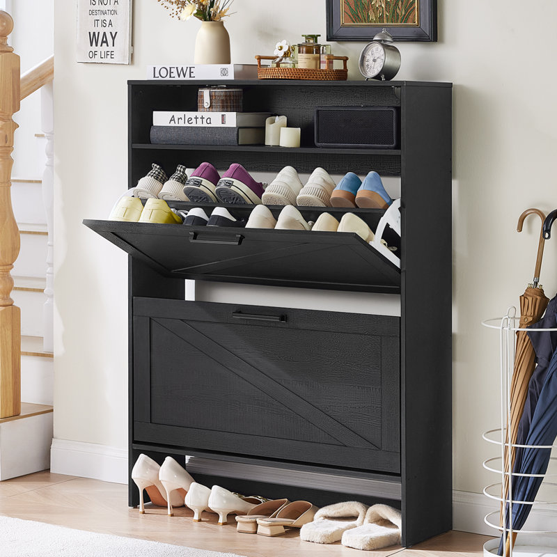 Shoe Storage Cabinet With 2 Flip Drawers,Farmhouse Narrow Shoe Organizer With Legs,Freestanding Hidden Slim Shoe Rack Cabinet With Open Storage For Entryway,Hallway, Foyer