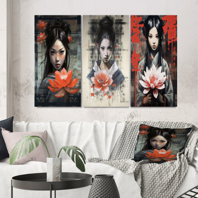 «Vintage Oriental Woman With Lotus Flower», 3 pièces sur toile