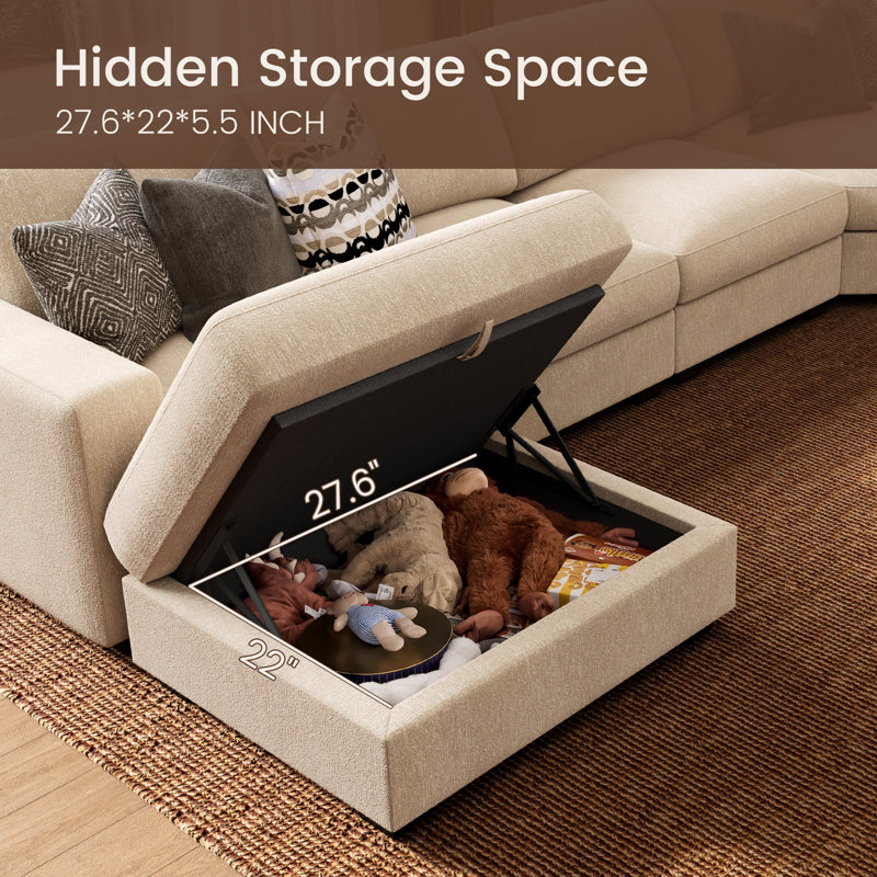 Canapé d'angle moderne en forme de L avec pouf de rangement, Beige Chenille