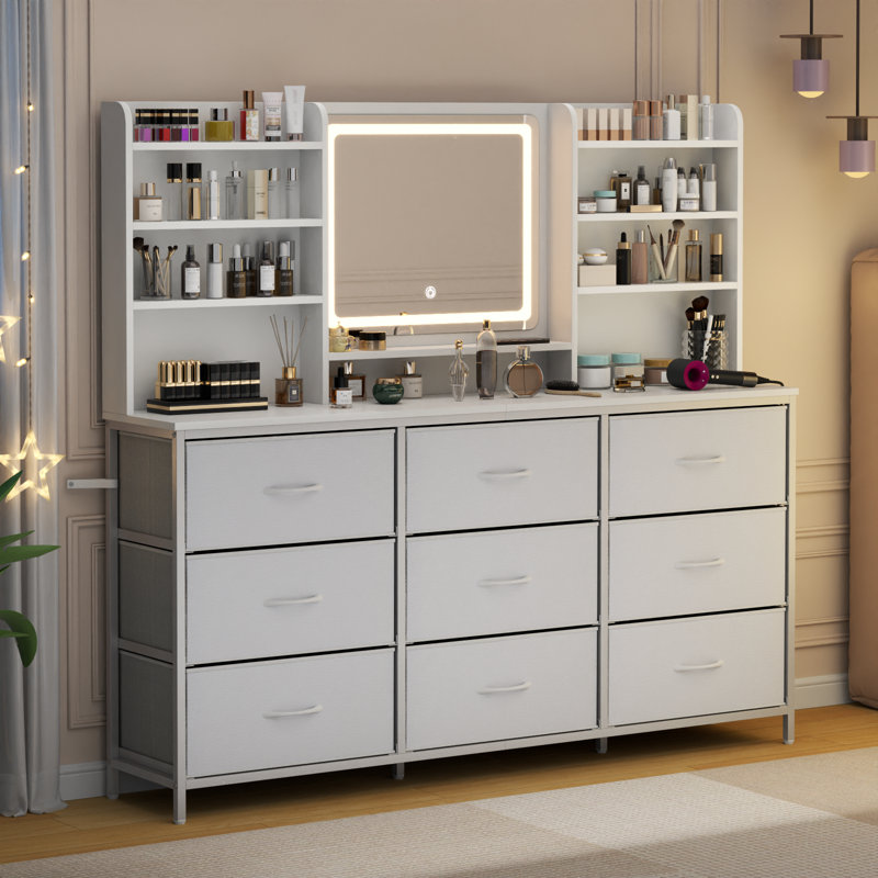 Bureau de coiffeuse 59 "avec miroir et lumières DEL réglables, table de maquillage avec 9 grands tiroirs en tissu, Blanc